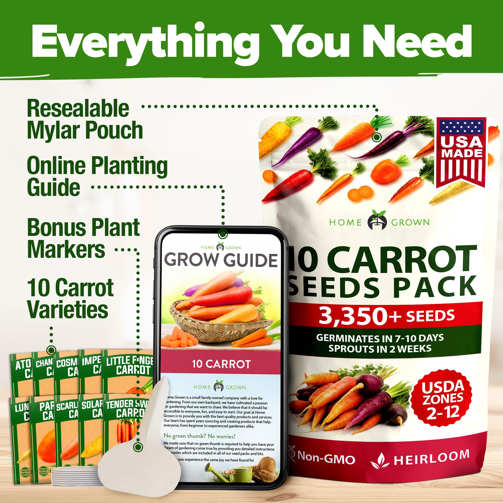 Home Grown tender sweet carrot seeds yield crunchy, sweet roots for kids snacks.