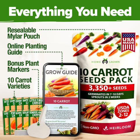 Home Grown tender sweet carrot seeds yield crunchy, sweet roots for kids snacks.