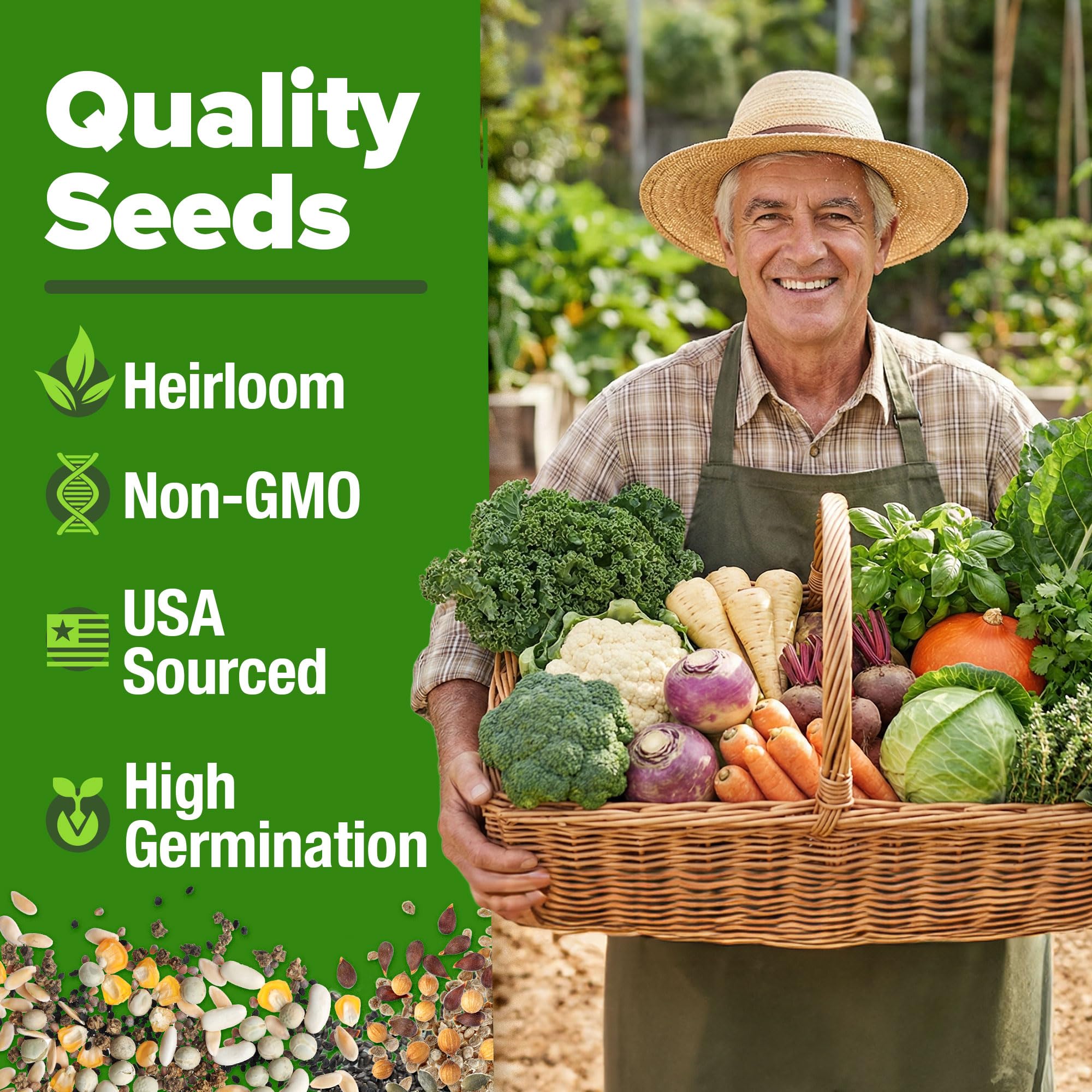 HOME GROWN USA non-GMO heirloom seeds bag highlights open-pollinated quality and fresh planting options.
