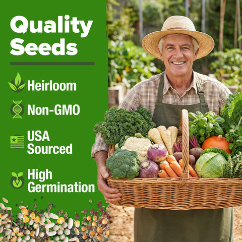 HOME GROWN USA non-GMO heirloom seeds bag highlights open-pollinated quality and fresh planting options.