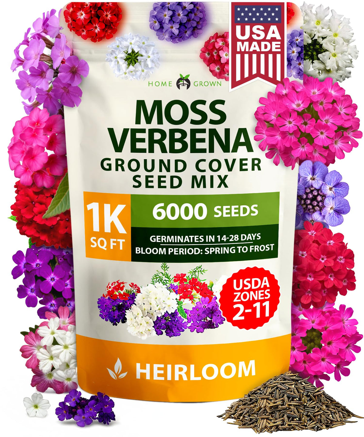 HOME GROWN Verbena Moss Seeds packet ready to plant for sunny ground cover.