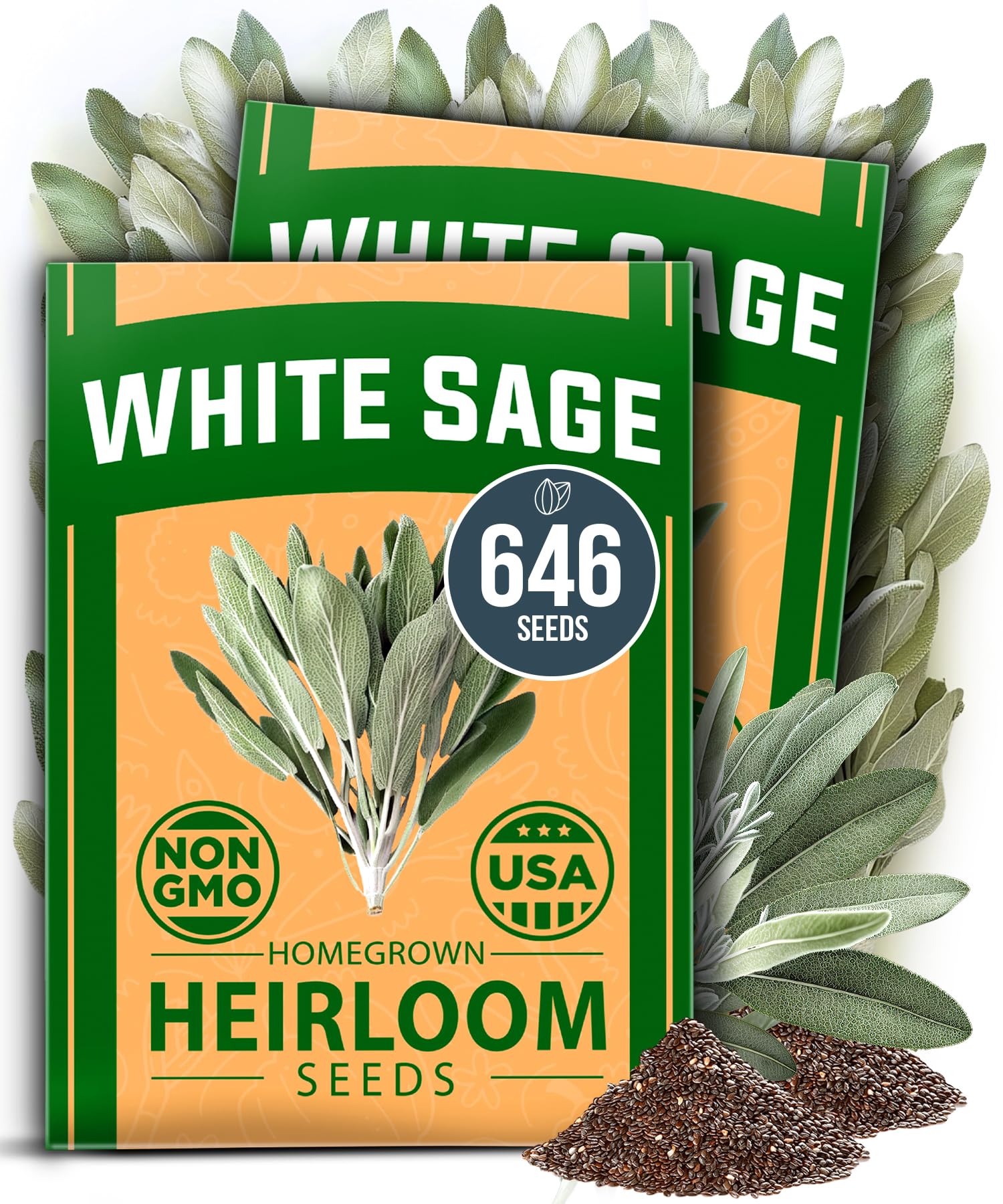 HOME GROWN White Sage Seeds packet close-up showing high germination potential.