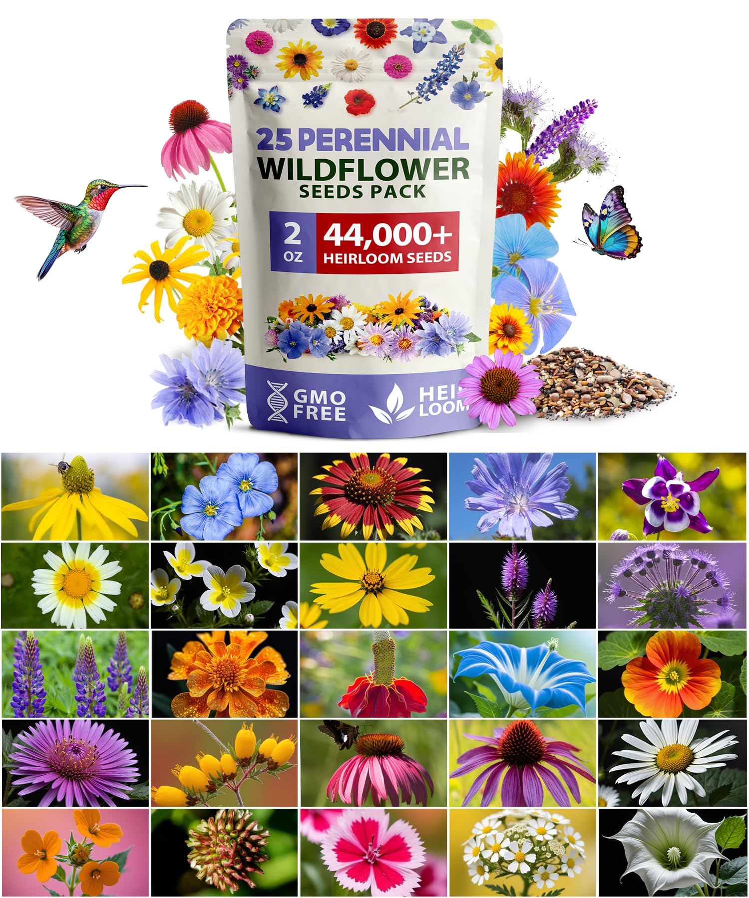 HOME GROWN Wildflower Seeds bag front displays the non-GMO perennial mix for pollinator gardens.