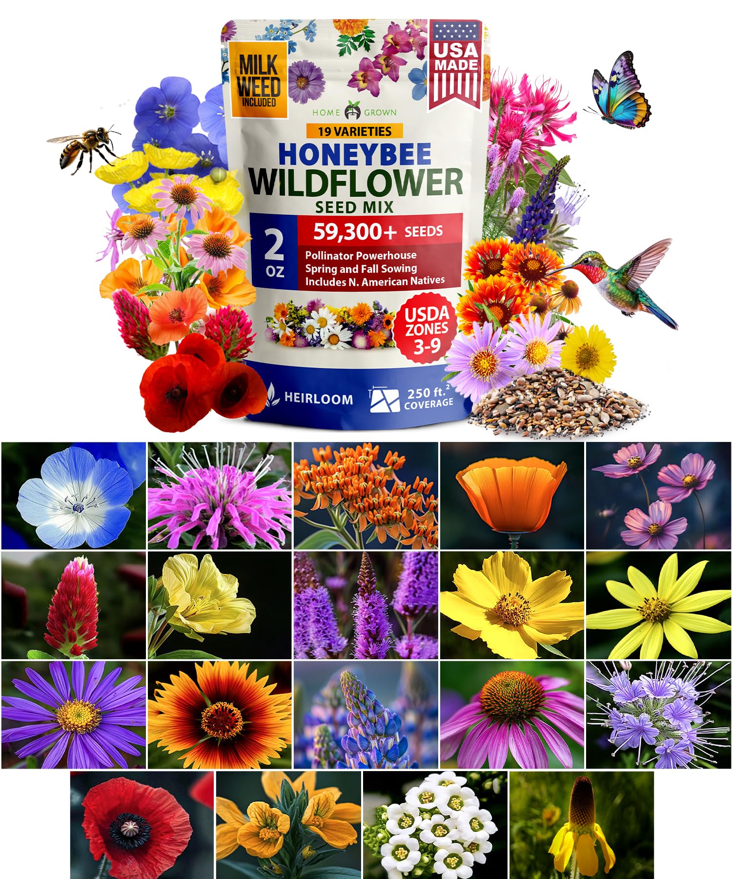 HOME GROWN bulk 2oz wildflower seed pack ready to sow for pollinators