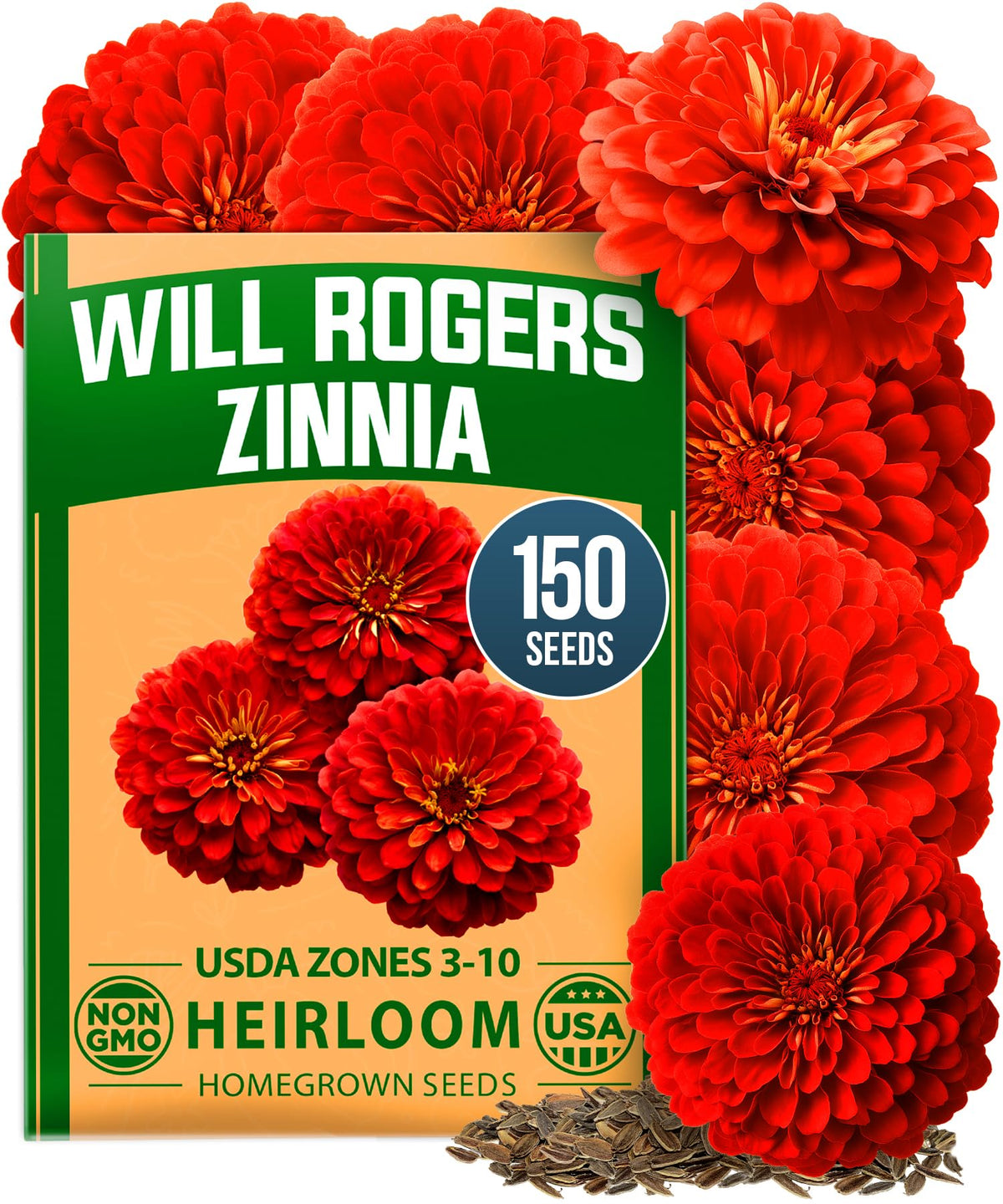 HOME GROWN Will Rogers zinnia seeds for giant scarlet blooms perfect for bouquets.