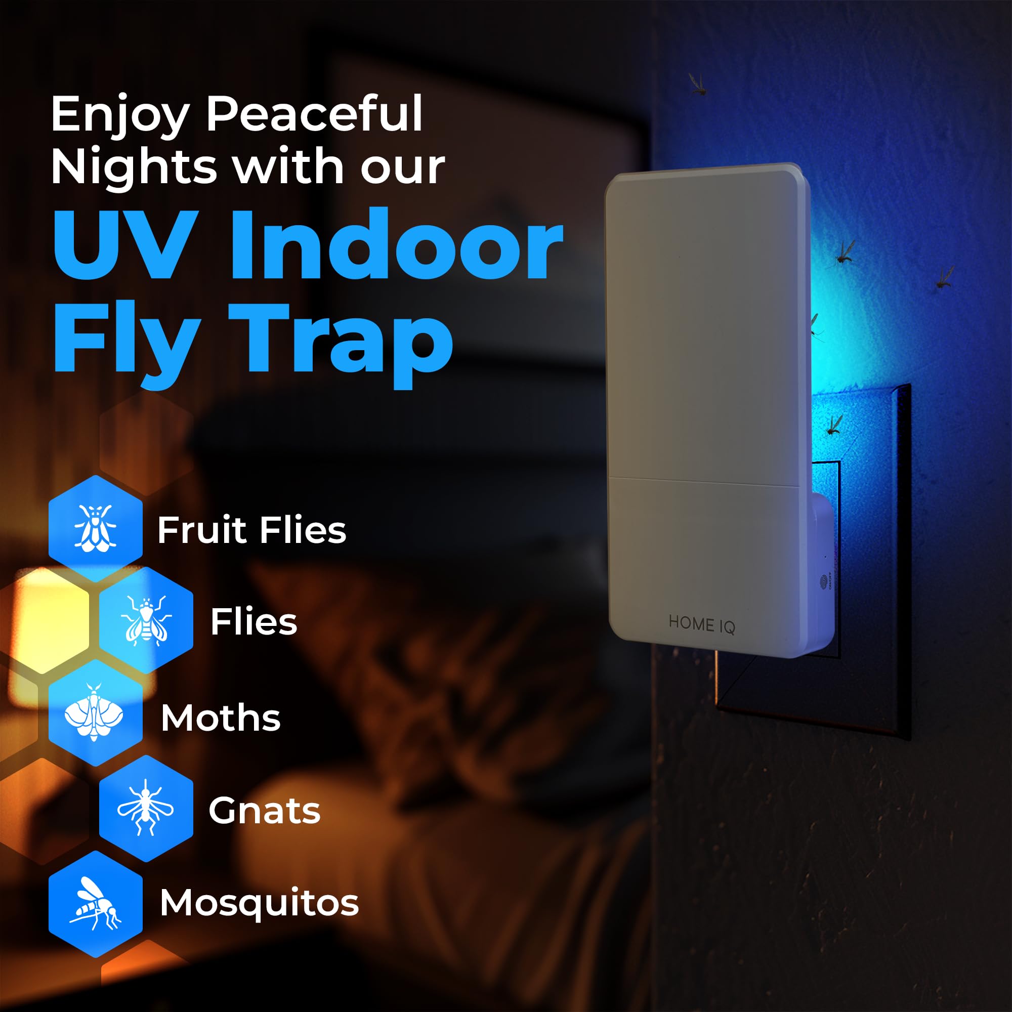 Home IQ LED beads closeup highlighting UV attractant for flies, moths, and gnats