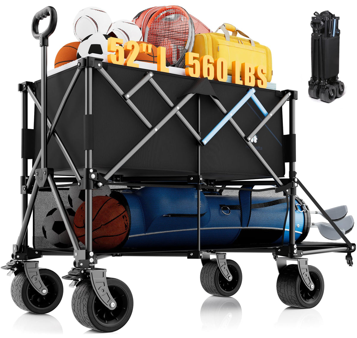 HOMBETTA 52-inch double-decker wagon with extended lower shelf for easy gear transport.