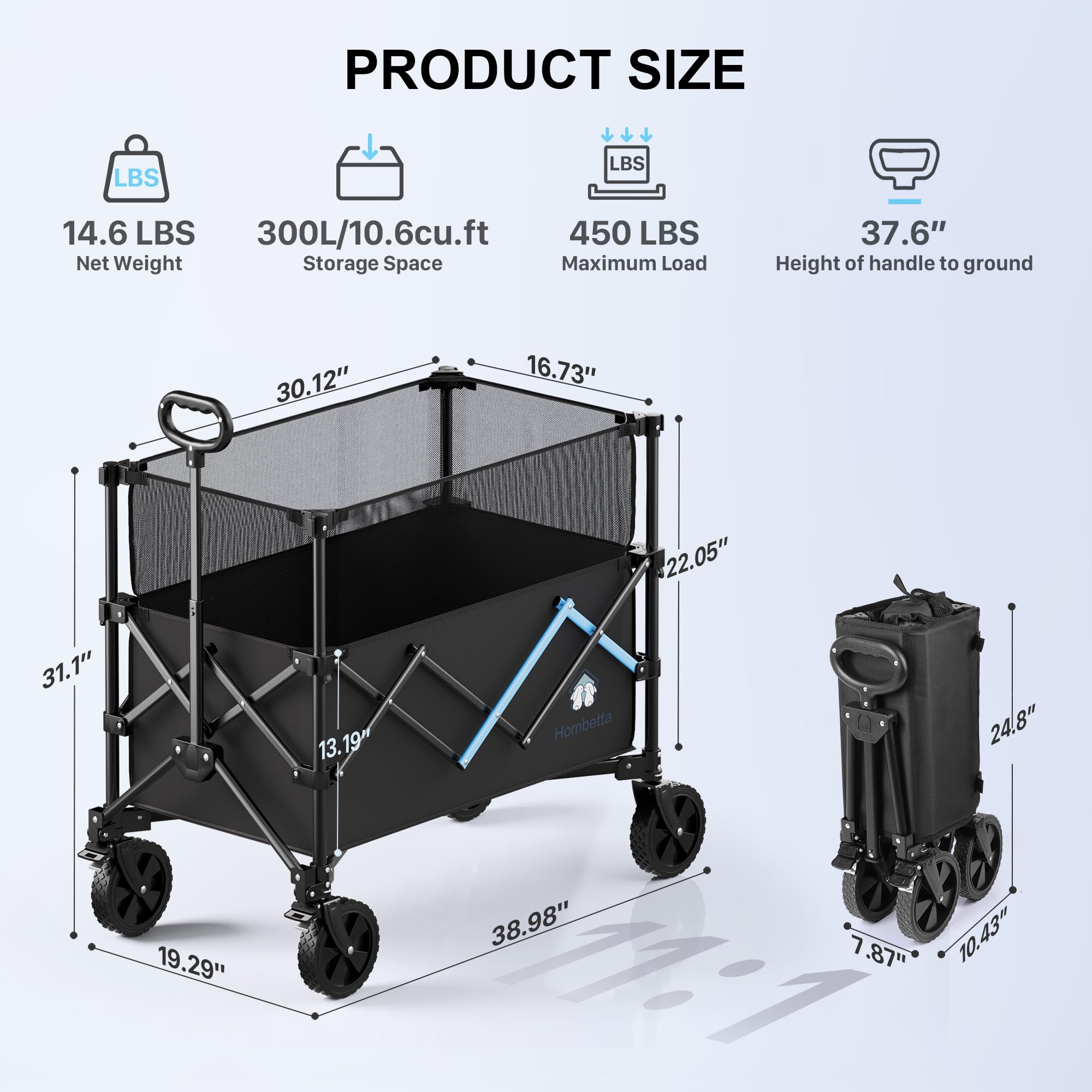 HOMBETTA heavy-duty wagon supports up to 450 lbs for reliable transporting across a garden