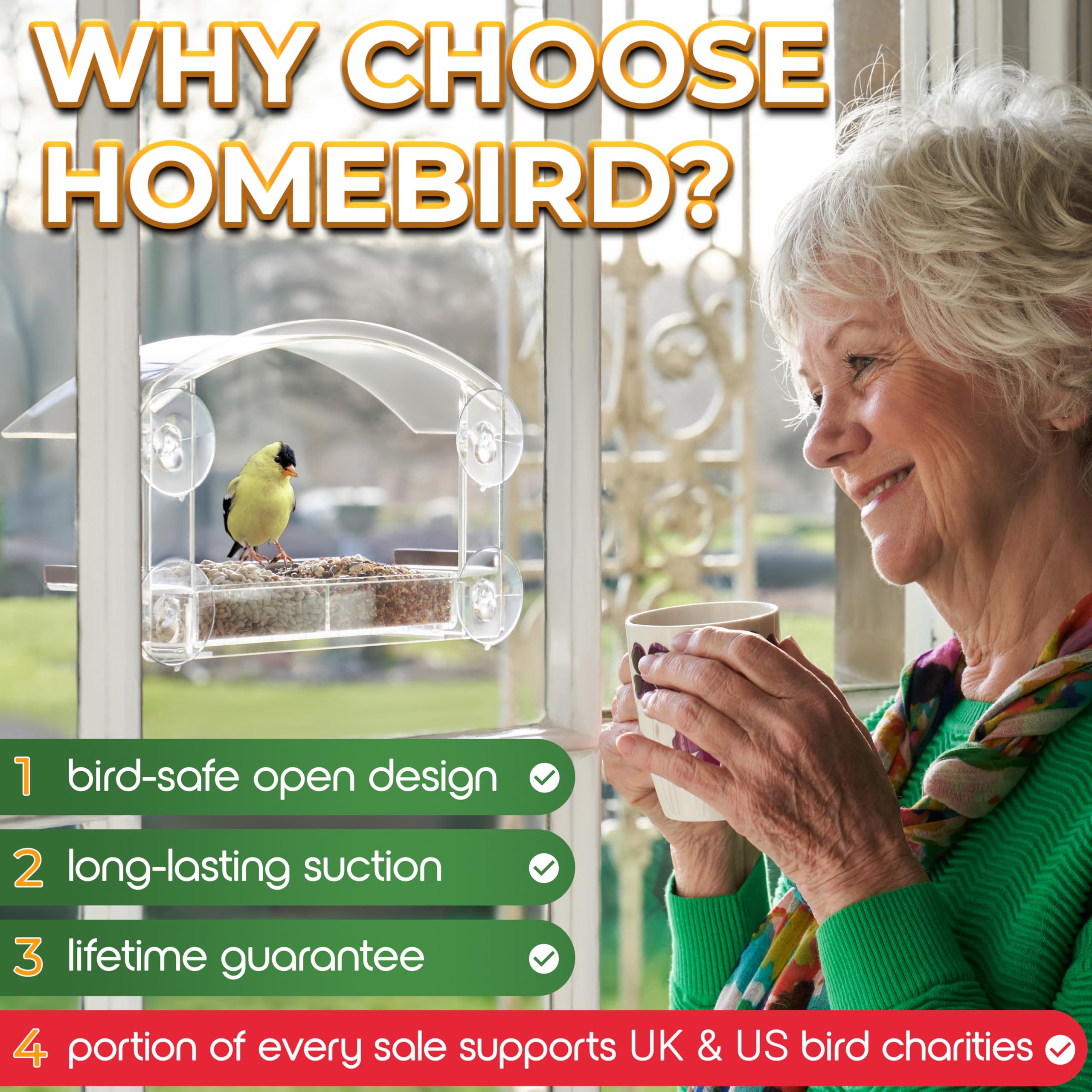 Homebird window feeder attracts birds visiting from outside.