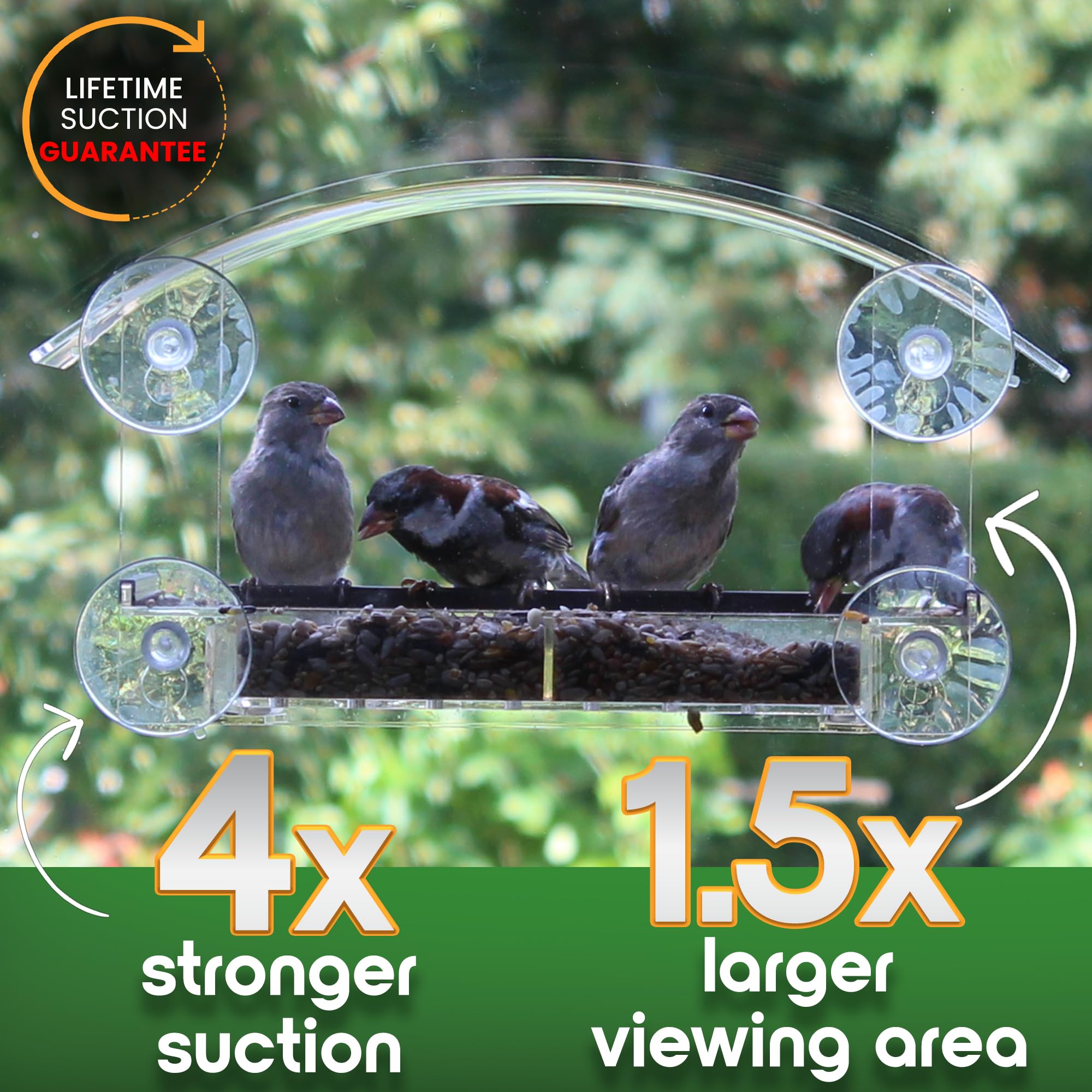 Homebird clear acrylic window feeder reveals birds through crystal-clear viewing.