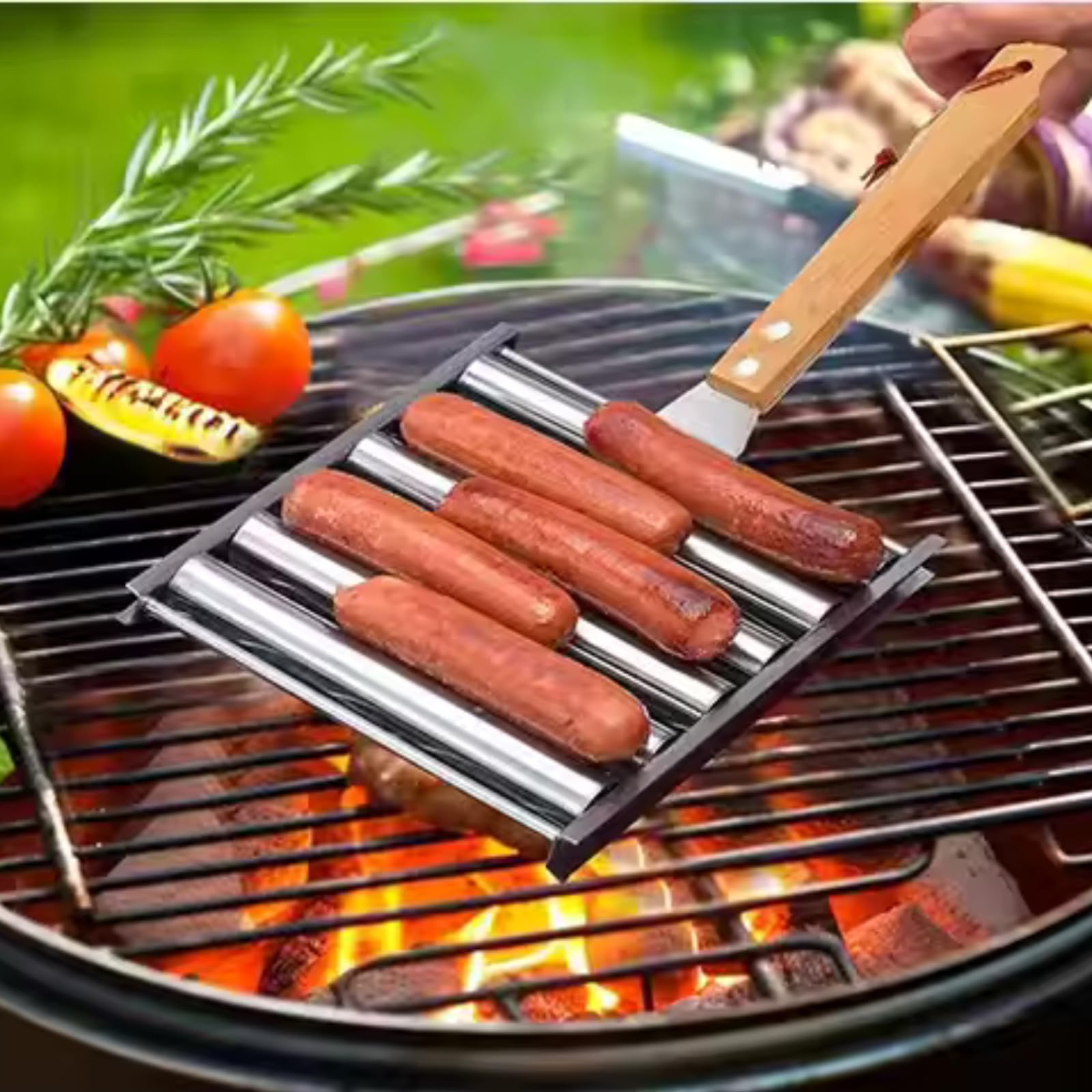Homecredibles hot dog roller non-stick surface simplifies cleanup after grilling.