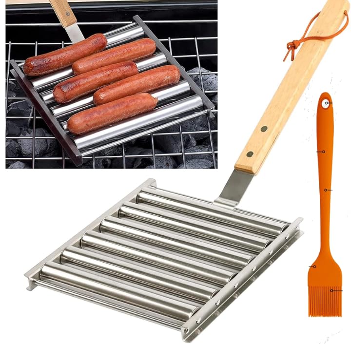 Homecredibles hot dog roller with wood handle for safe, even cooking.