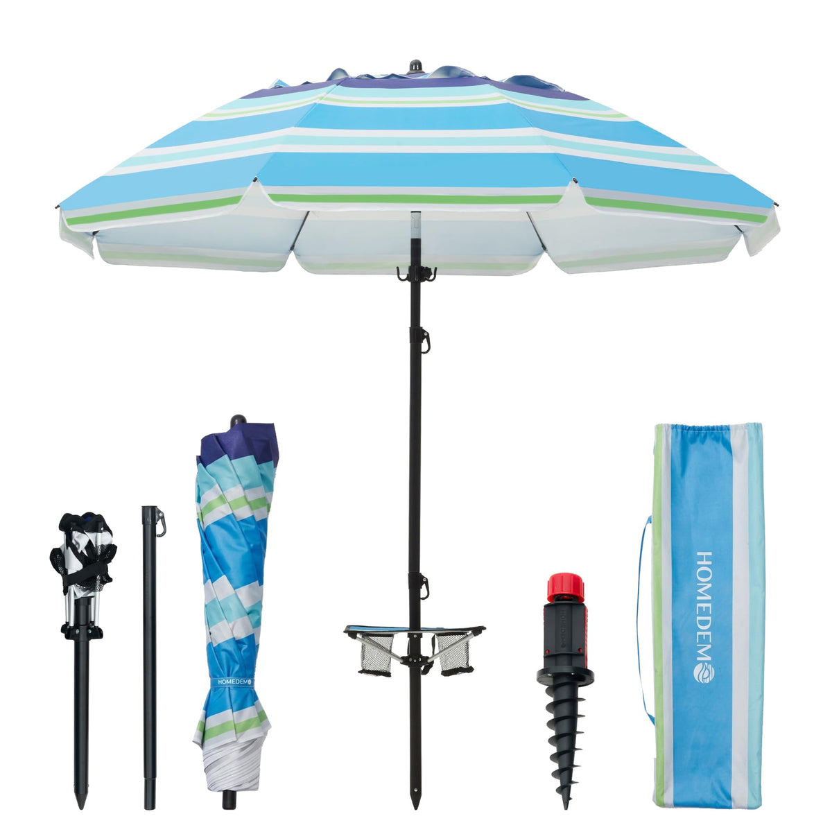 HOMEDEMO 7ft beach umbrella with table and sand anchor in blue-green-white canopy.