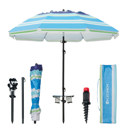 HOMEDEMO 7ft beach umbrella with table and sand anchor in blue-green-white canopy.