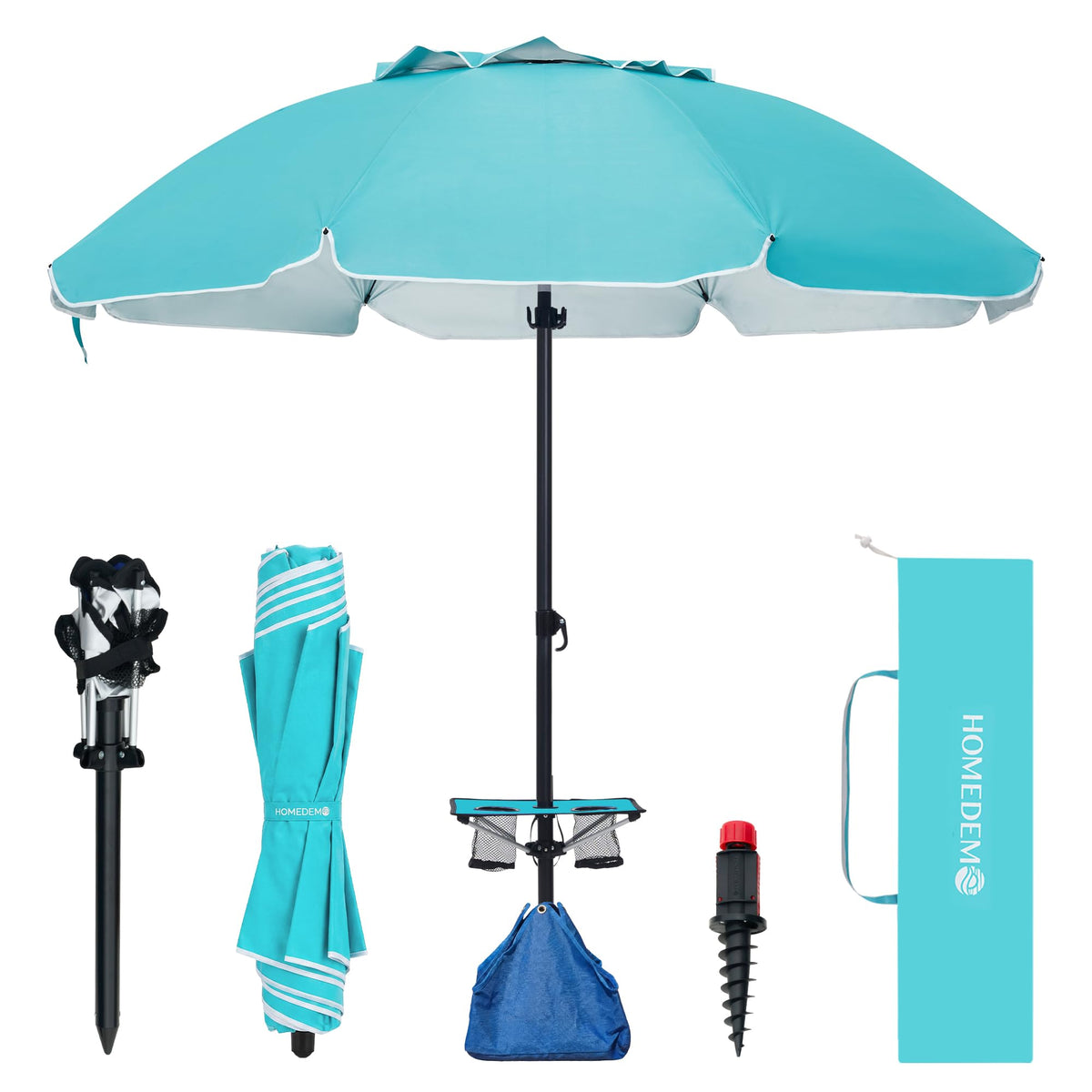 HOMEDEMO 8ft beach umbrella with weight bag stabilizes on breezy beaches.