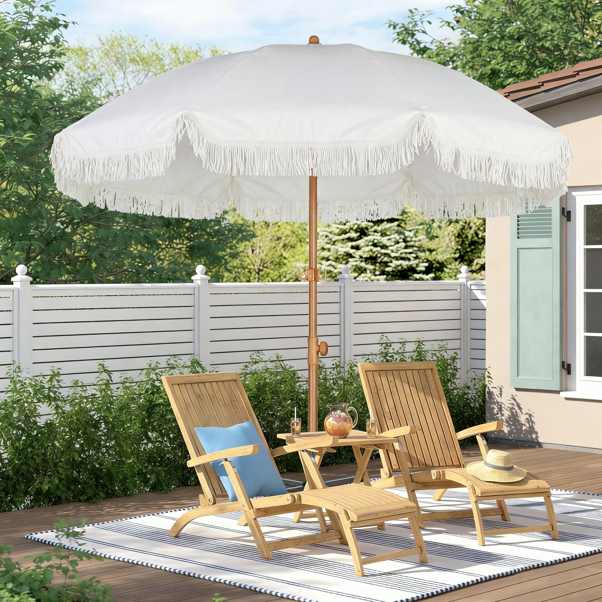 HOMEDEMO fringe umbrella canopy closeup with tassels for chic outdoor shading.
