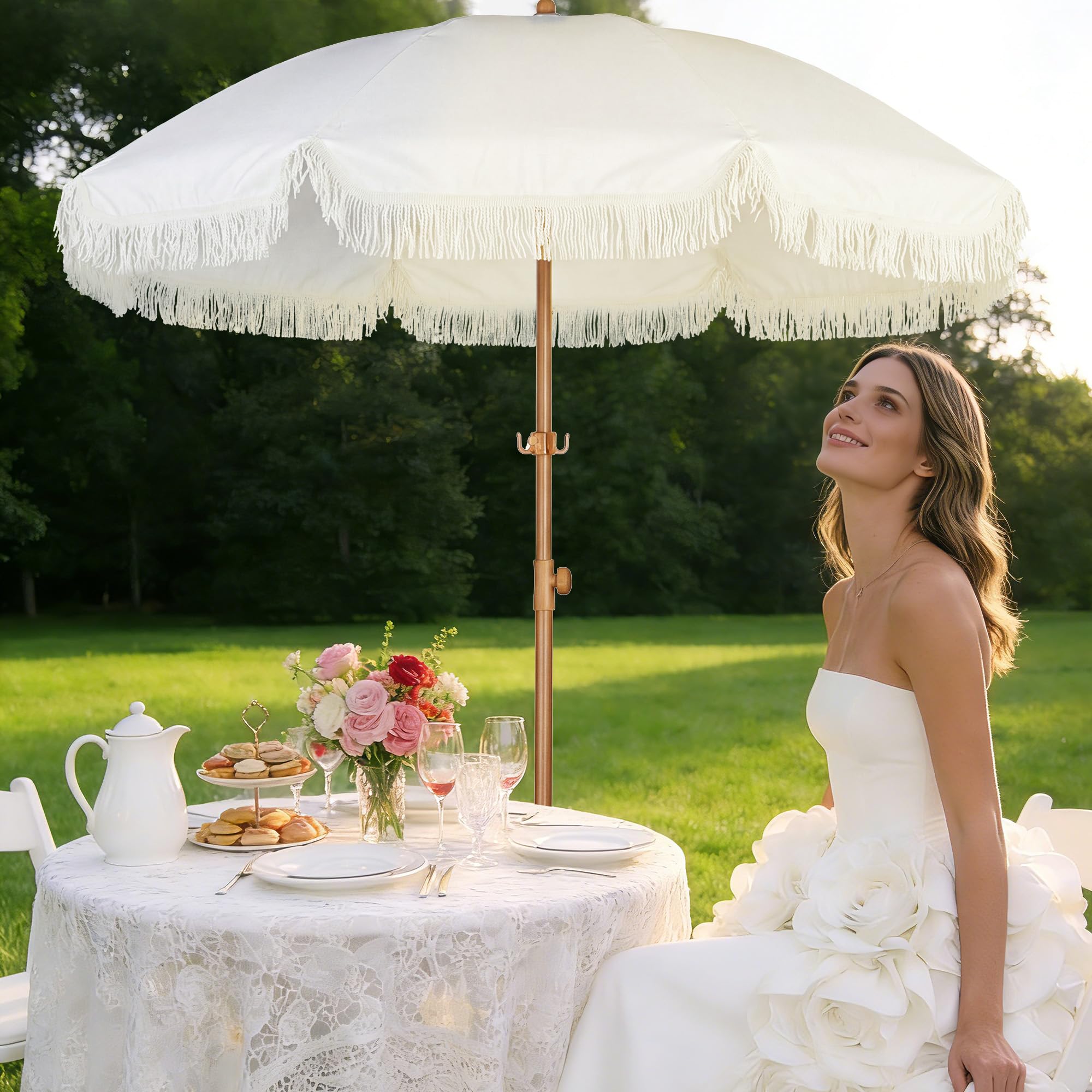 HOMEDEMO fringe umbrella used at the beach or garden for stylish shade.