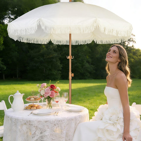 HOMEDEMO fringe umbrella used at the beach or garden for stylish shade.