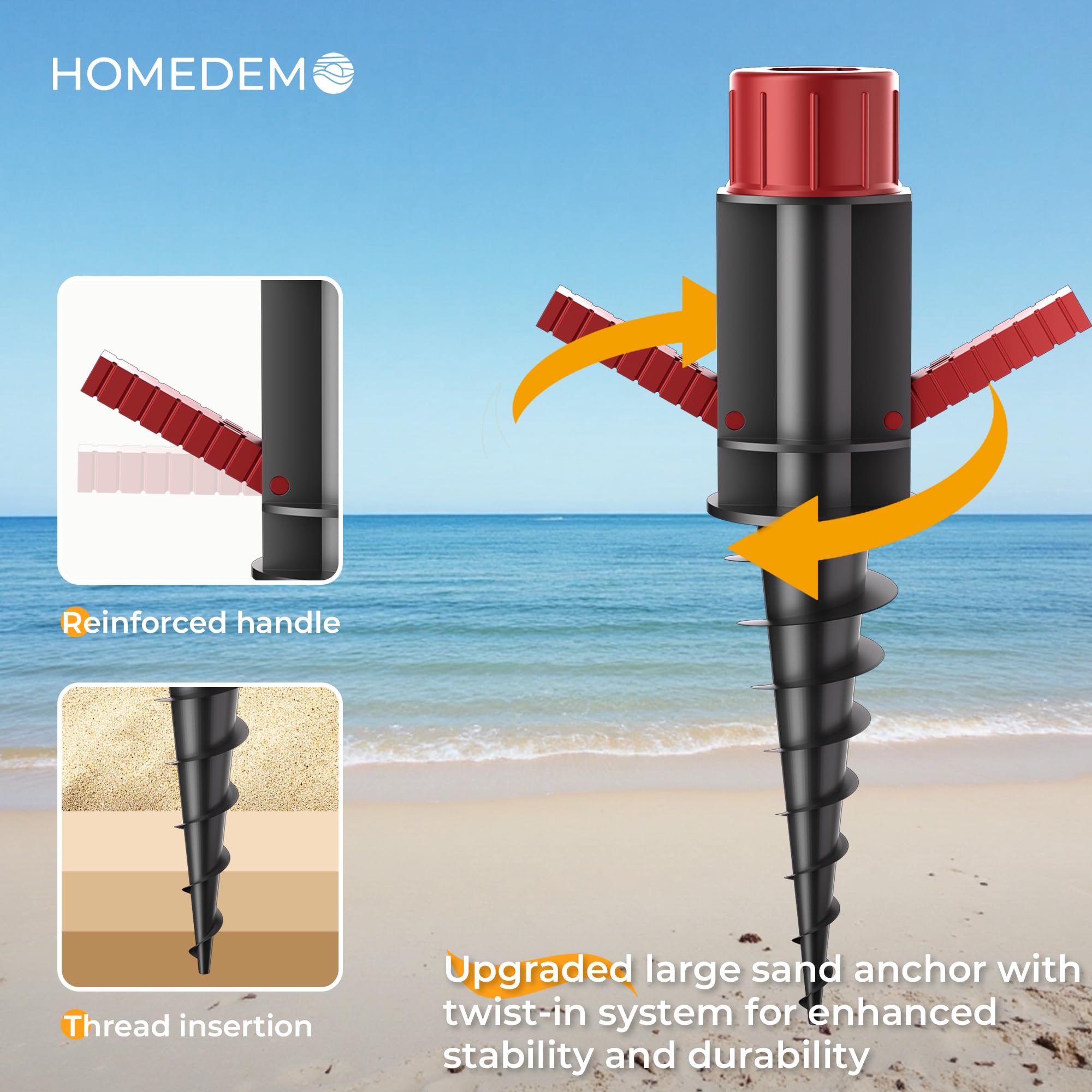 HOMEDEMO spiral sand anchor for beach umbrella in blue-green-white design.