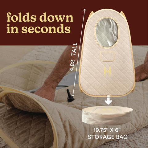 Homedics storage bag keeps the compact sauna neatly stored.