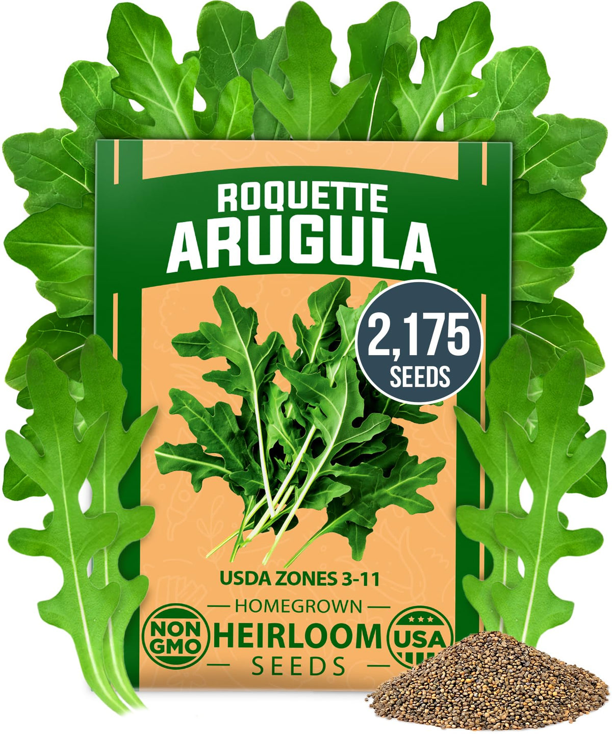 HOME GROWN arugula seeds pack close-up for abundant gardening and fast harvests
