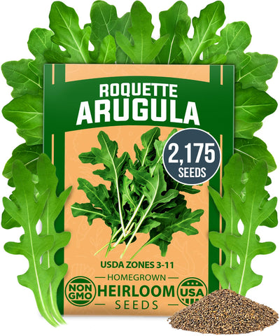 HOME GROWN arugula seeds pack close-up for abundant gardening and fast harvests
