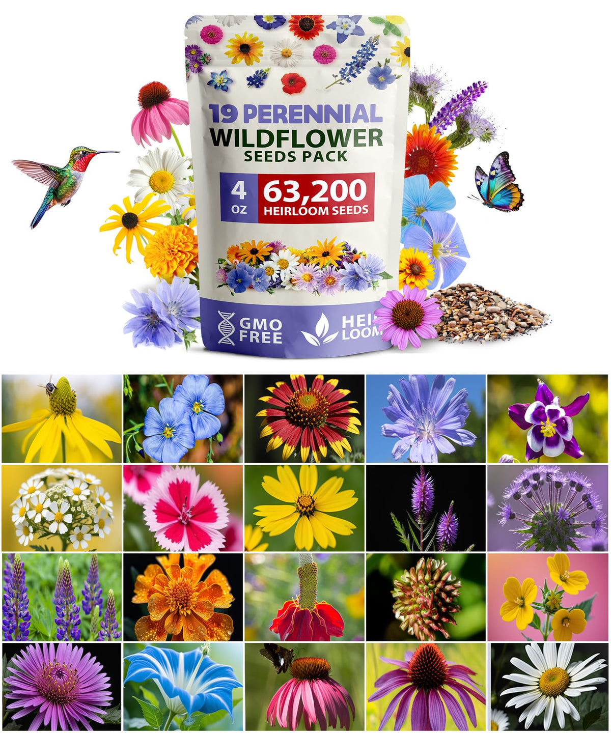 HOME GROWN wildflower seeds bulk 4oz meadow mix attracts pollinators and adds color