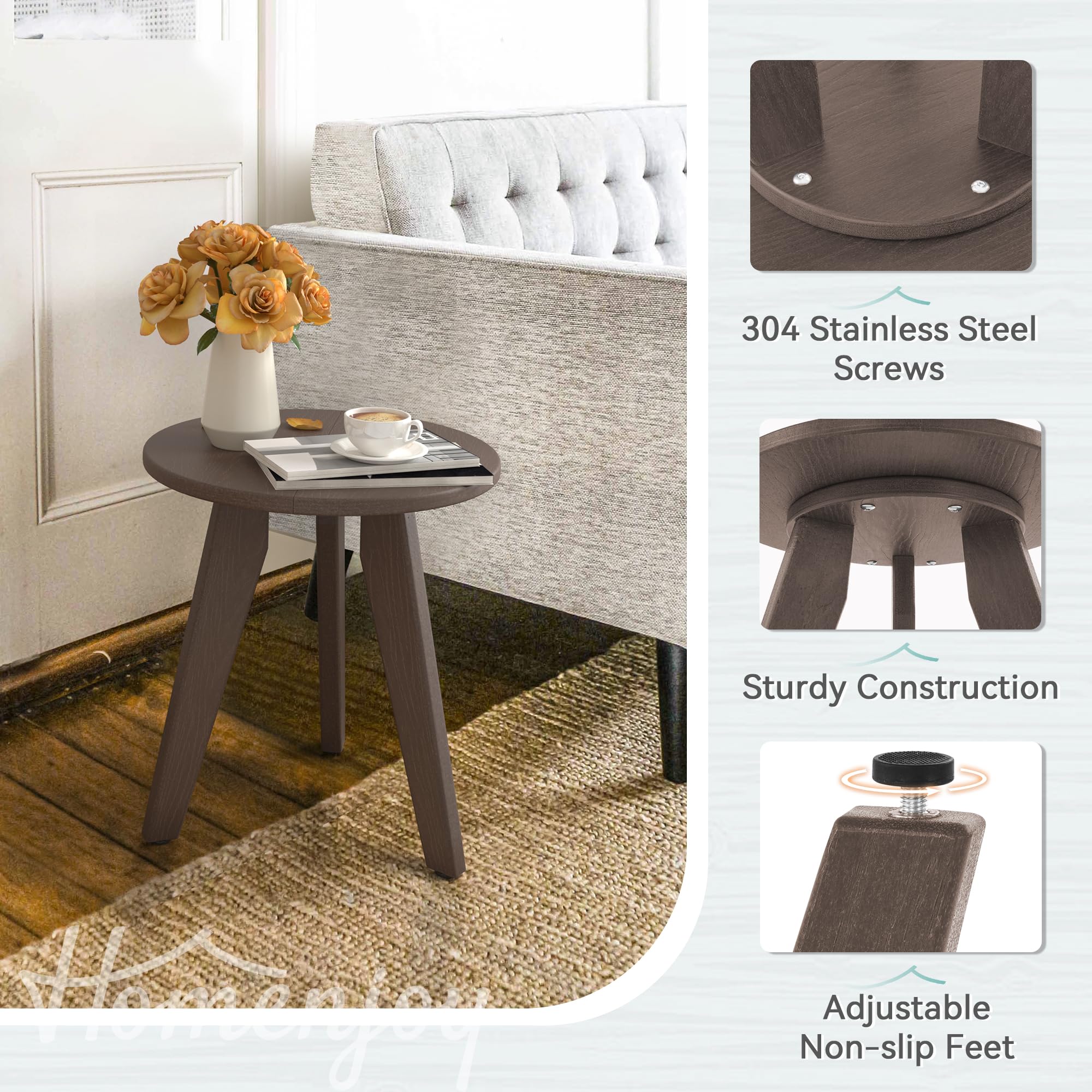 Homenjoy round outdoor side table supporting drinks, plants, or decor on porch.
