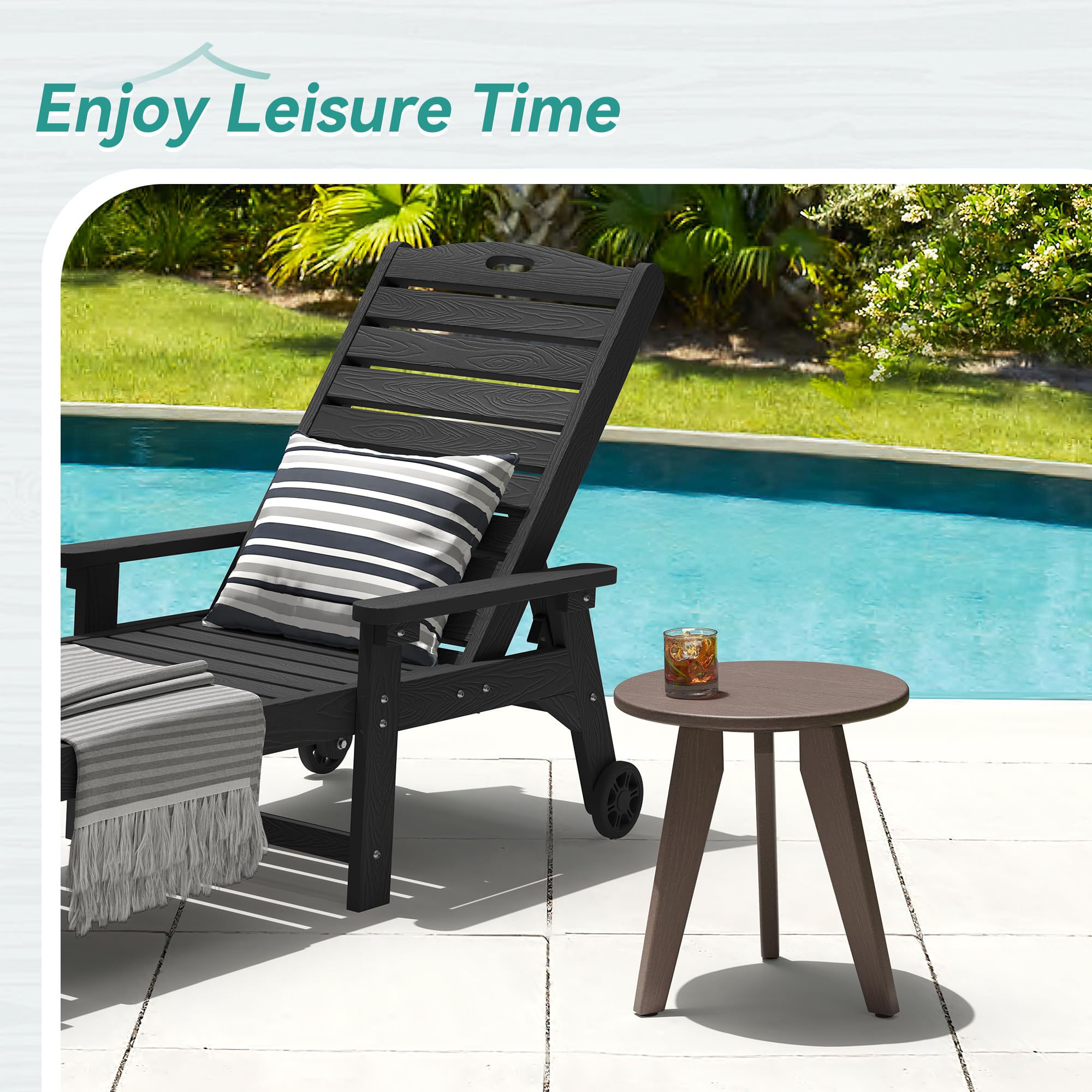 Homenjoy HDPS round side table seen from side angle beside chair for drinks and shade.