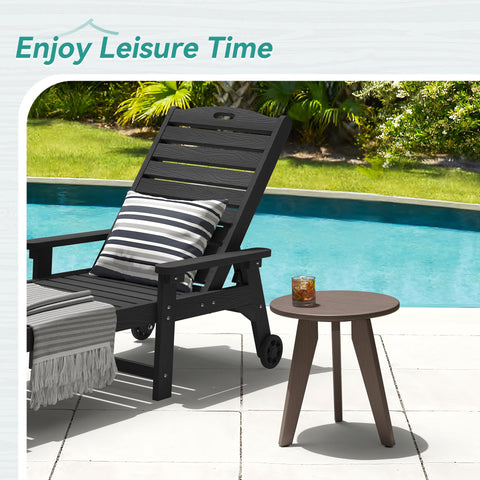 Homenjoy HDPS round side table seen from side angle beside chair for drinks and shade.