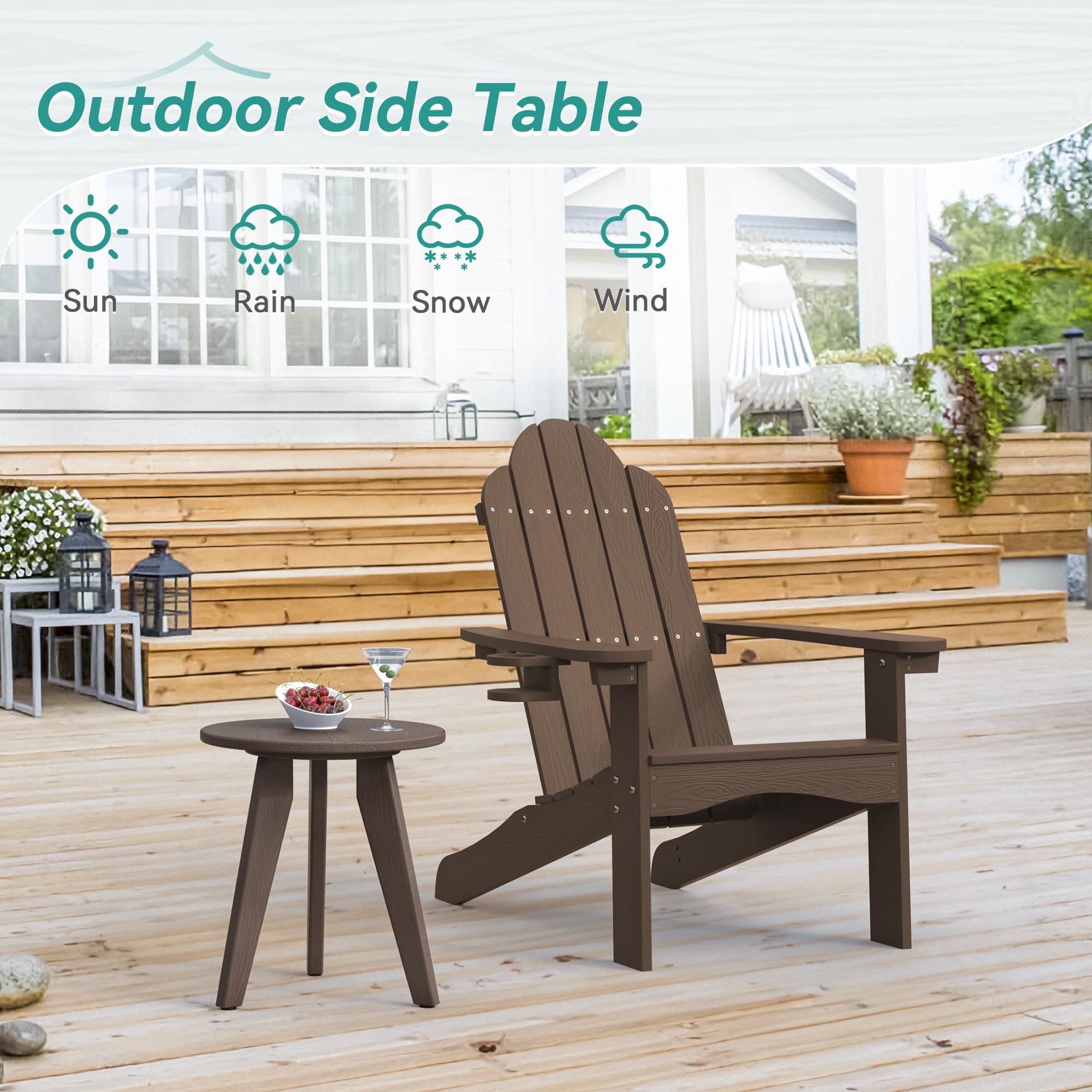 Homenjoy round side table with waterproof surface resisting rain and humidity.
