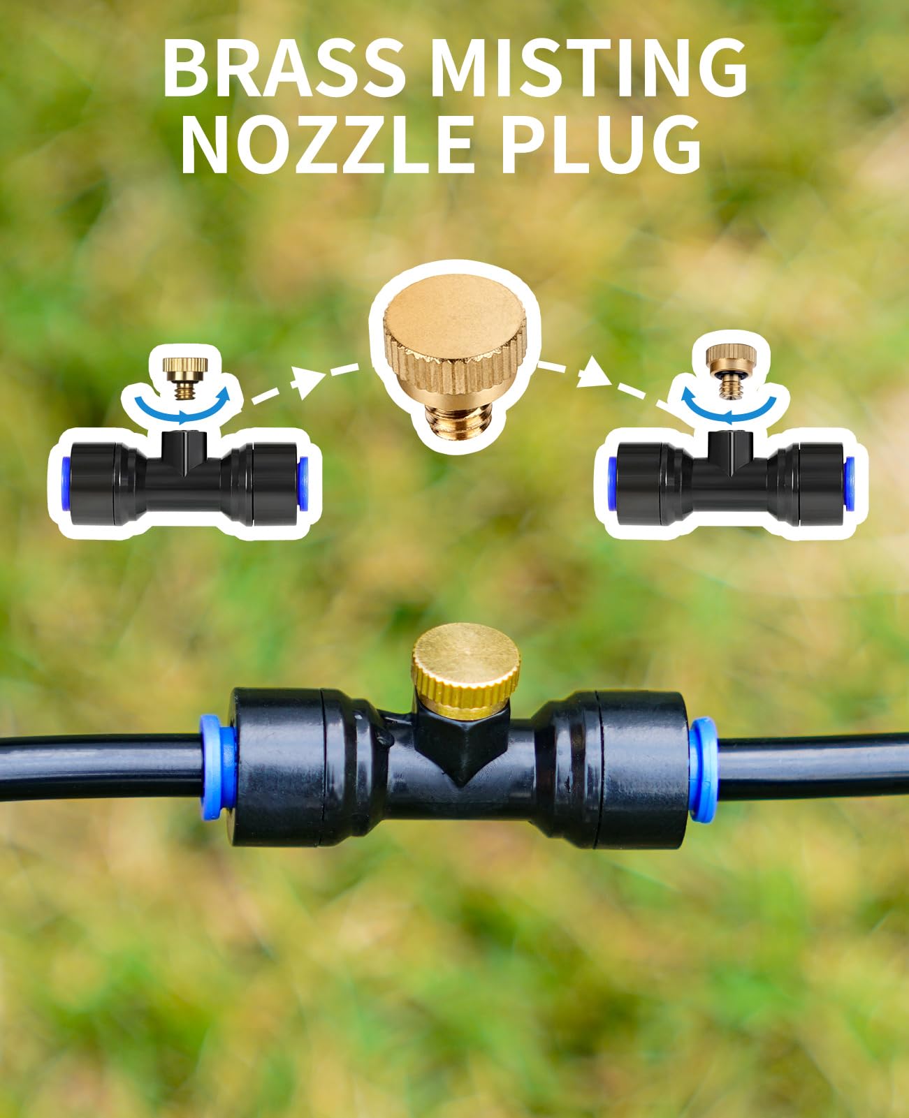 Homenote brass misting nozzle plug side view highlighting durable weatherproof build for outdoor use.