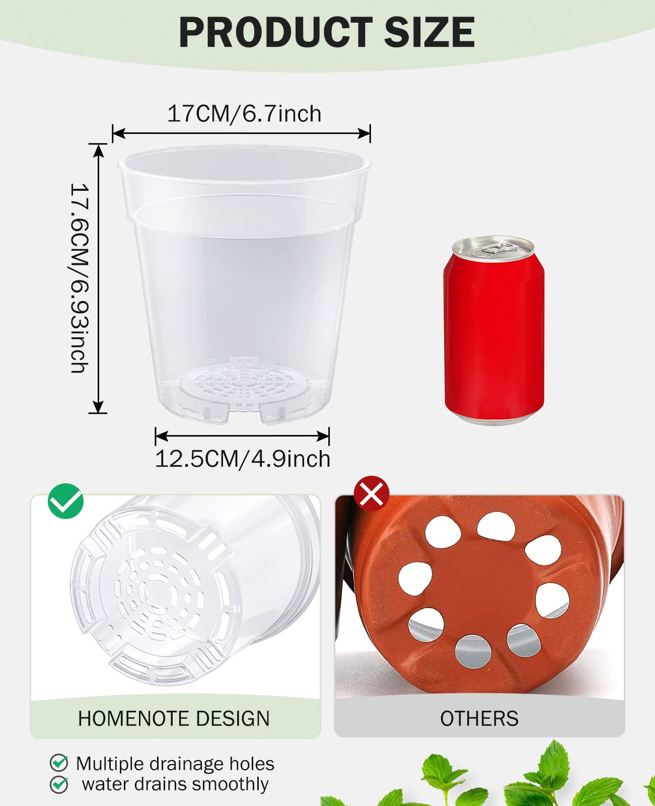 Homenote clear pot shows bottom drainage holes for better drainage.