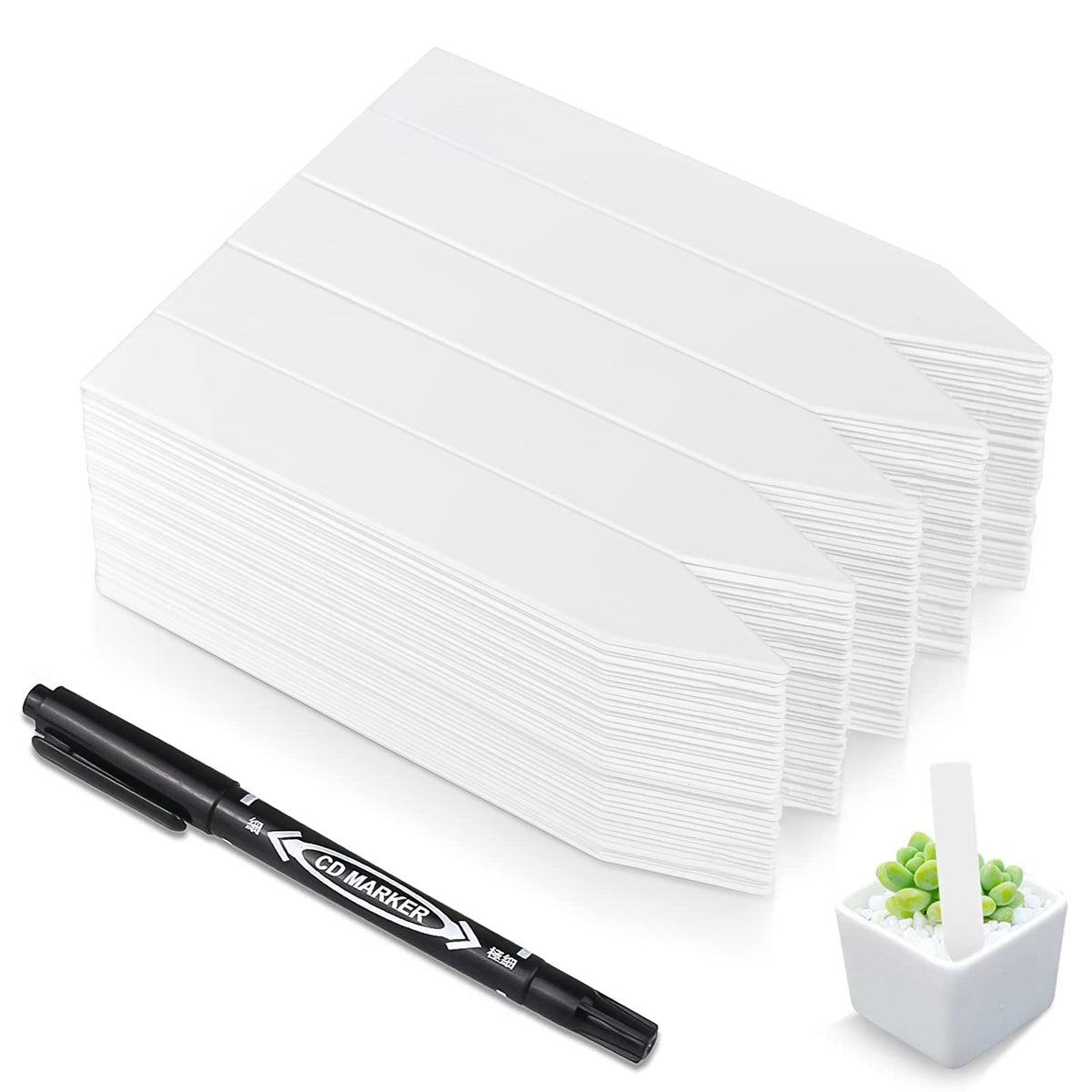 Homenote 4-inch white plant labels in soil, durable and weatherproof.