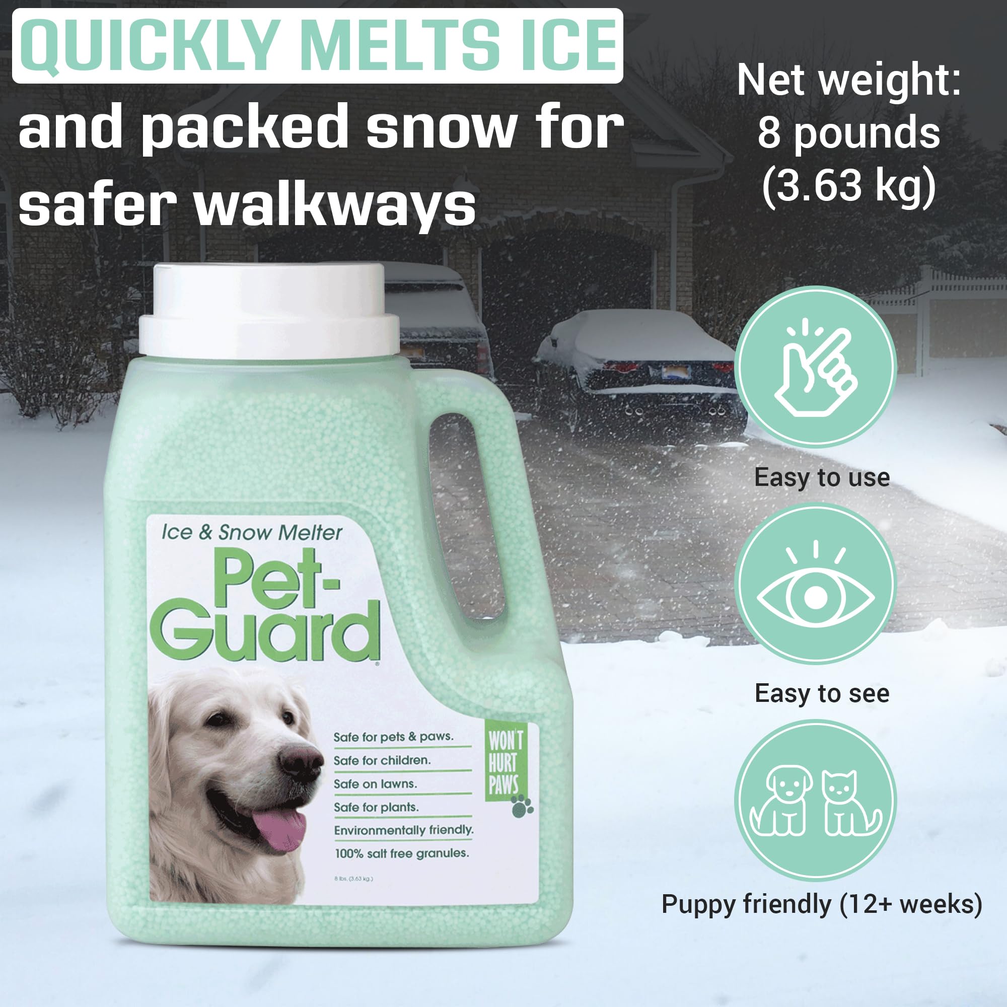 Homestand Market Pet Safe Ice Melt 8lb jug angled view highlighting easy pour for mess-free use.
