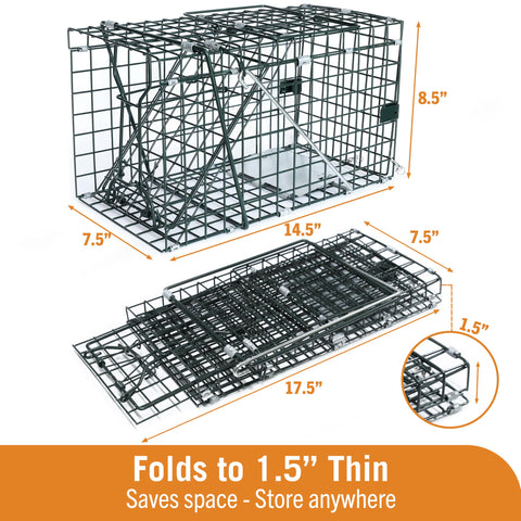 HOMESTEAD Collapsible Live Trap 14in collapsed demonstrates compact storage in a shed or truck.