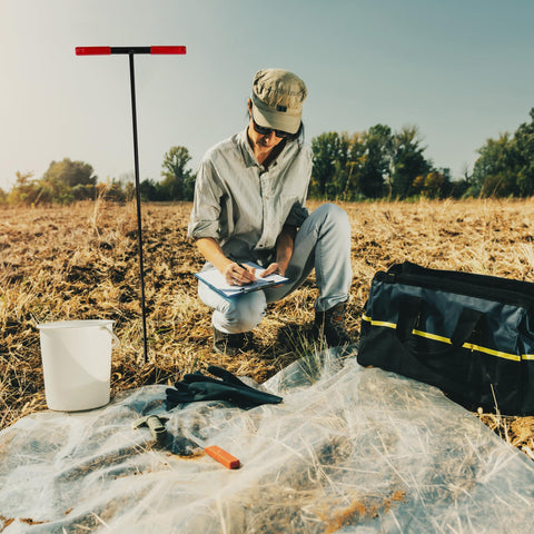 Rubber-grip handle on Homestead soil probe rod reduces hand fatigue during probing.