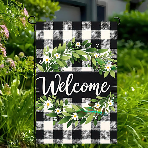 HOMETITUTE black and white grid flag highlights timeless farmhouse style for yard decor.