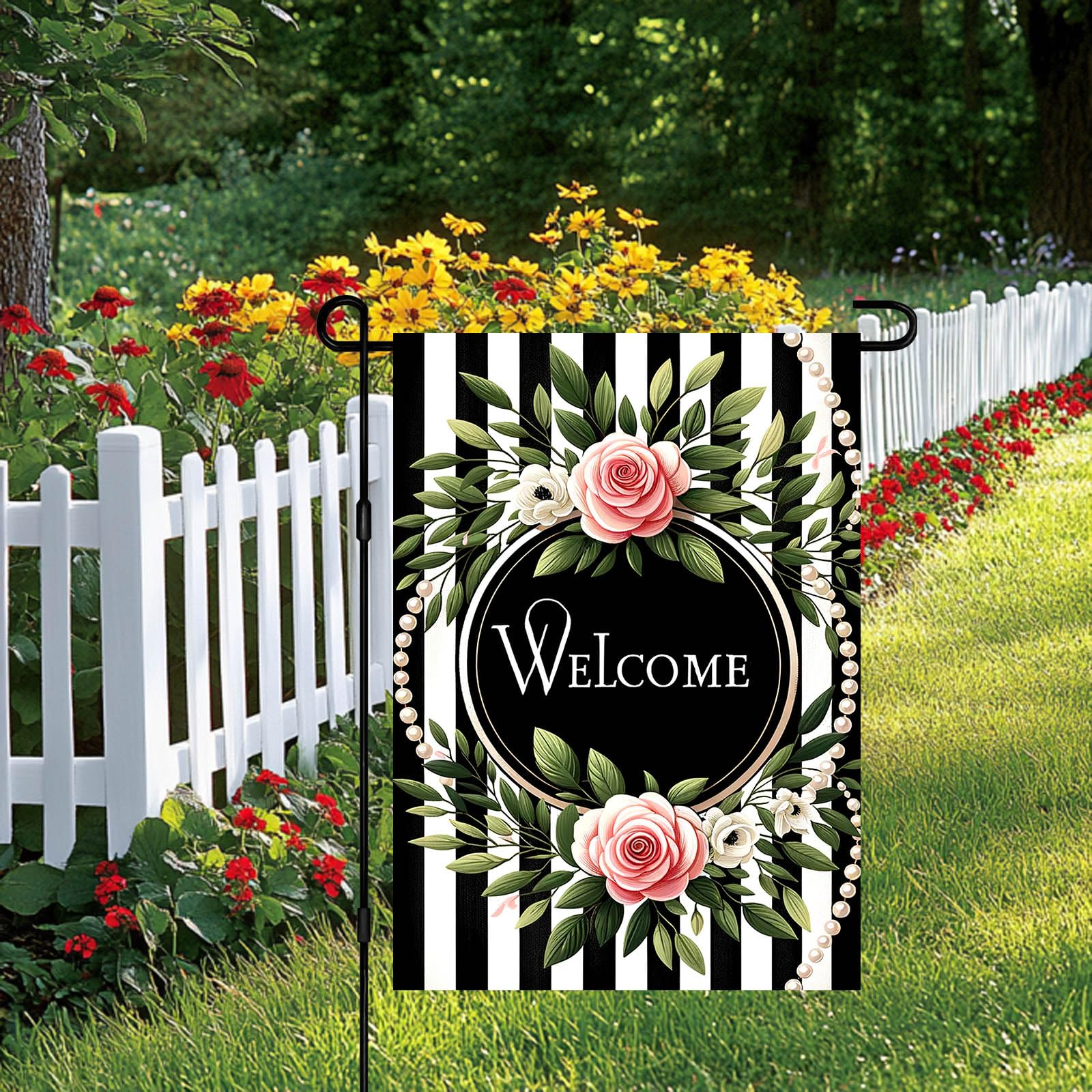 HOMETITUTE Black and white stripe garden flag for farmhouse style