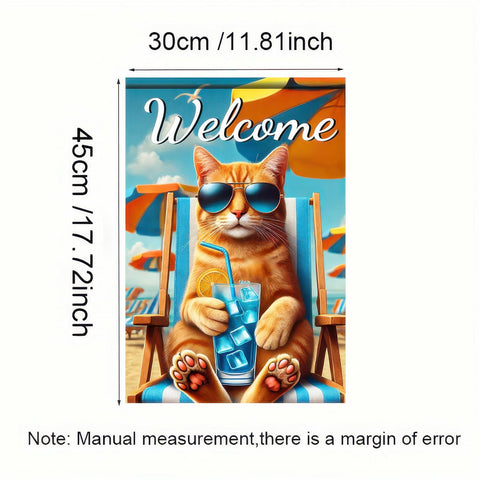 HOMETITUTE BlissYard garden flag of a cat relaxing on a beach chair, perfect for inviting spaces.