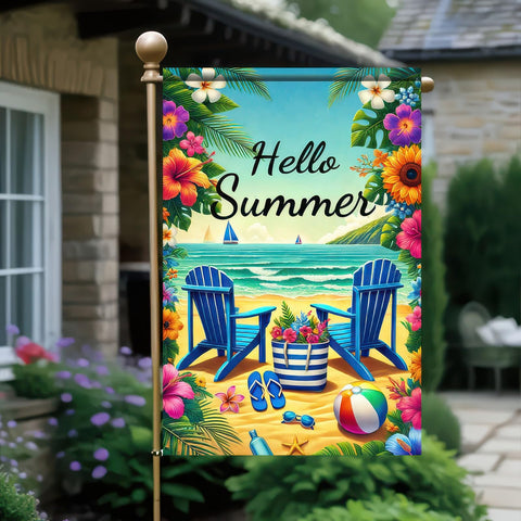 HOMETITUTE BlissYard flag showcases a cozy beach chair design for lively outdoor decor