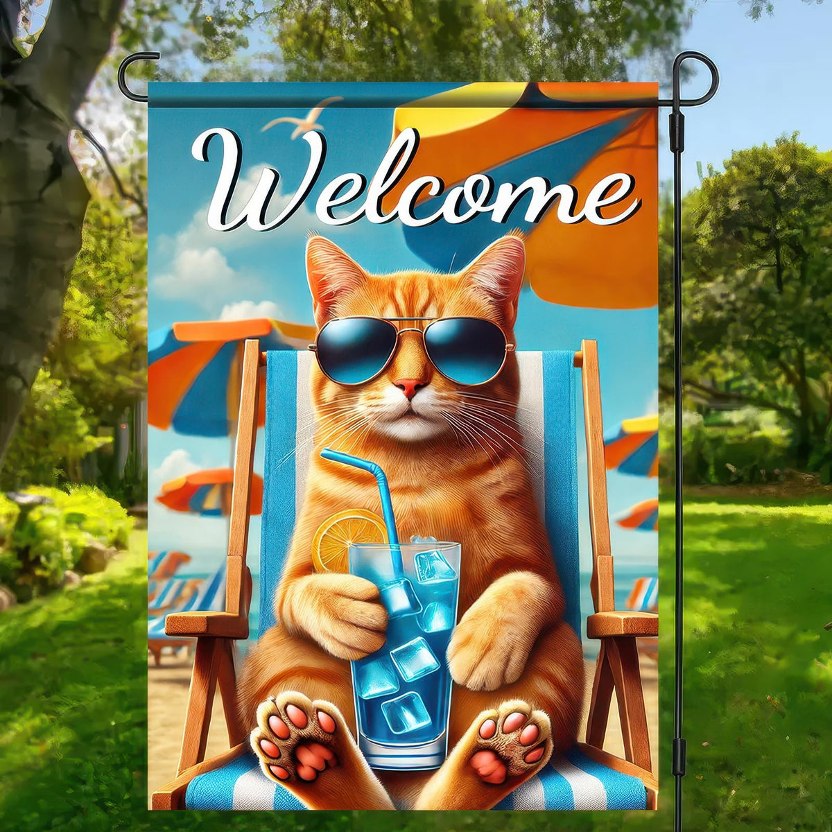 HOMETITUTE BlissYard Hello Summer flag shows orange cat on beach chair, ideal for outdoor decor.