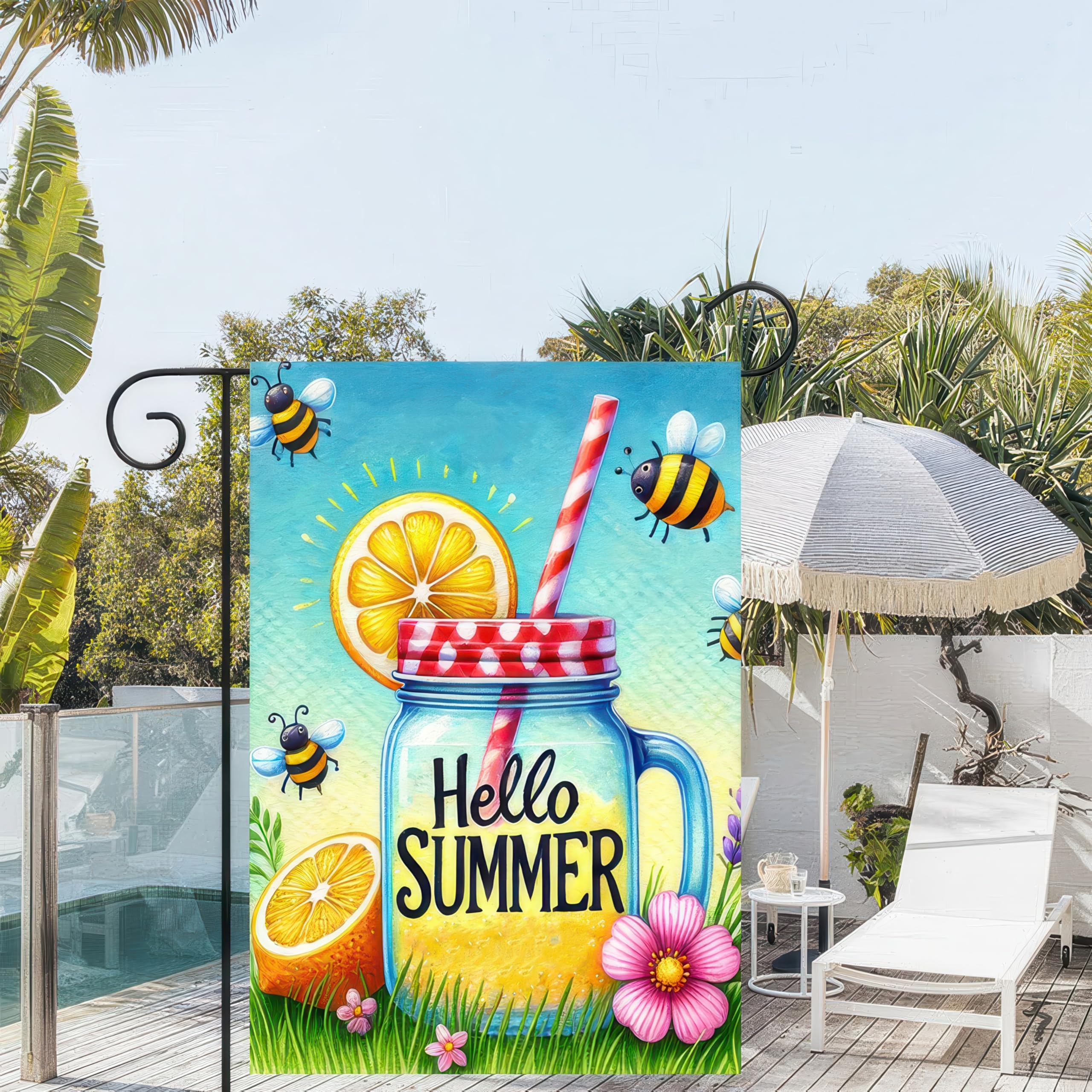 HOMETITUTE BlissYard Hello Summer flag lemonade mason jar visual for refreshing mood
