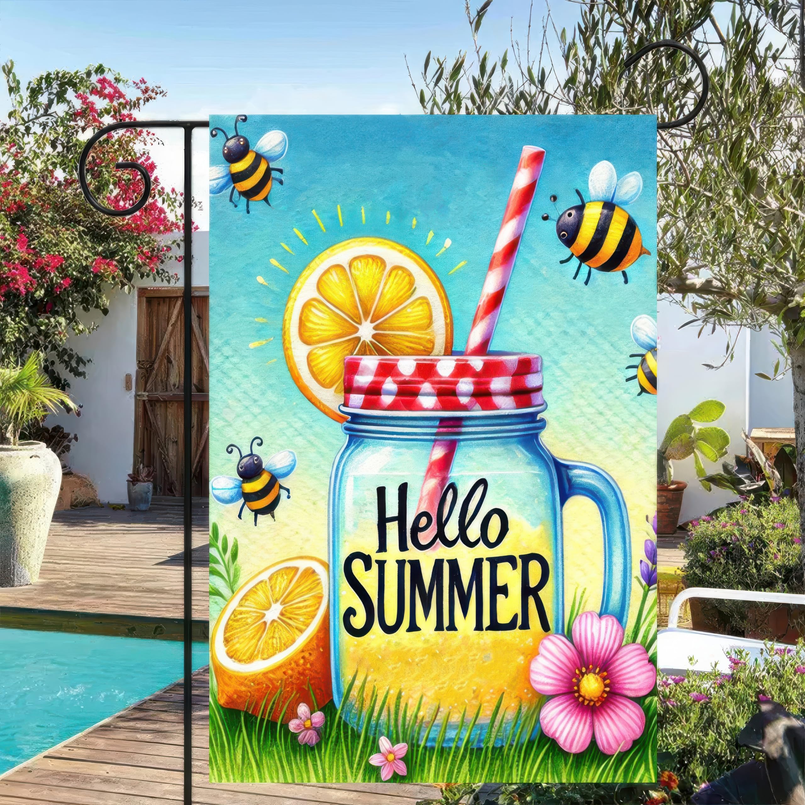 HOMETITUTE BlissYard Hello Summer flag easy care with wash and iron options