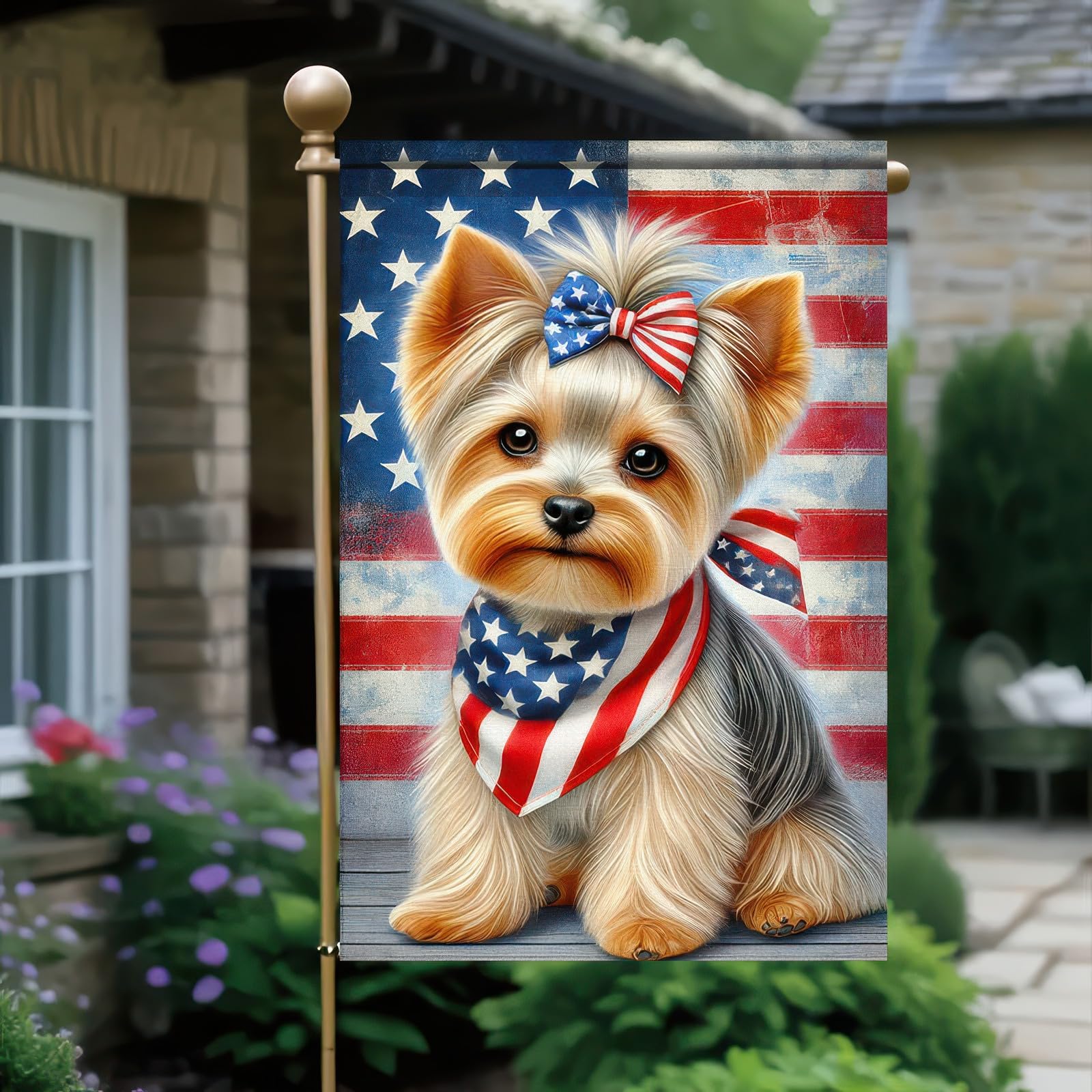 HOMETITUTE BlissYard Yorkie flag with patriotic bow for seasonal decorating.