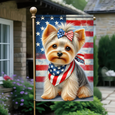 HOMETITUTE BlissYard Yorkie flag with patriotic bow for seasonal decorating.