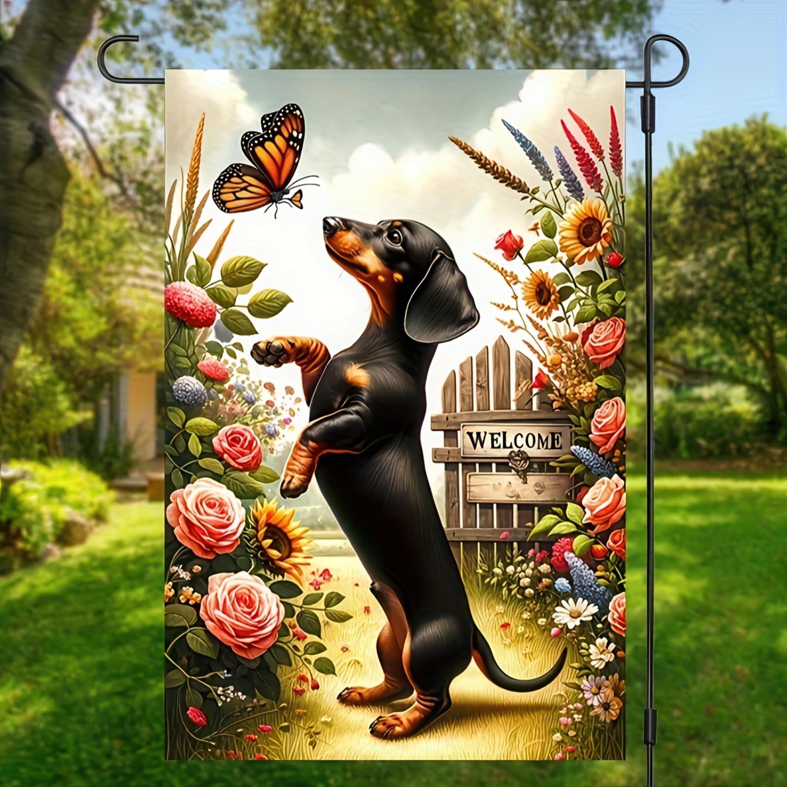 HOMETITUTE Dachshund flag features a butterfly, adding cheerful seasonal charm.