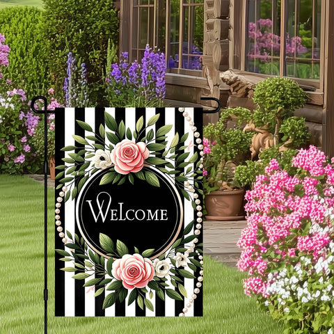 HOMETITUTE Double-sided floral flag with pink roses visible from both directions