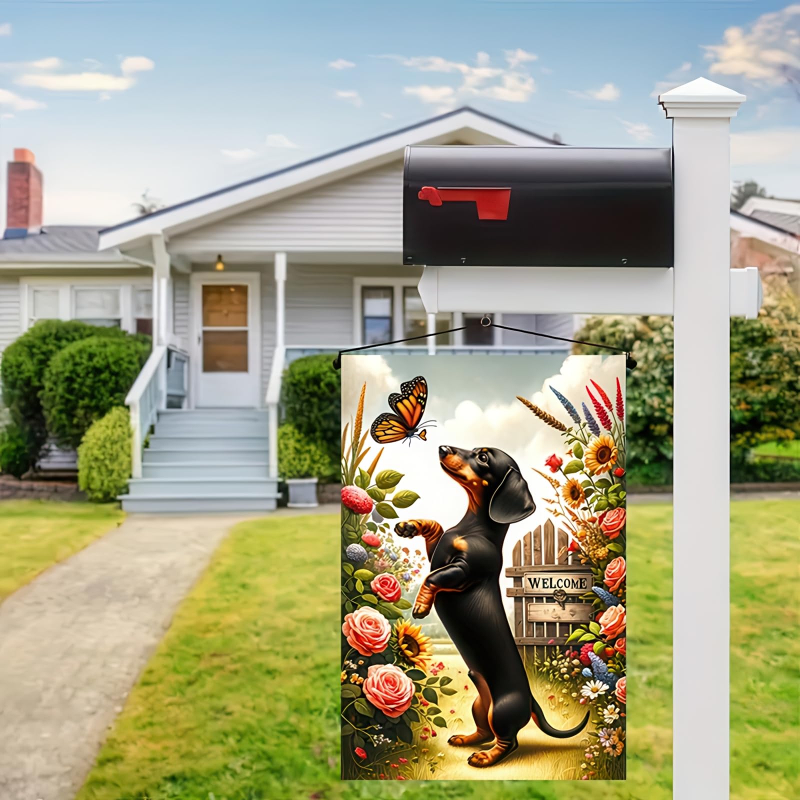HOMETITUTE double-sided flag design doubles visibility for porch and garden.