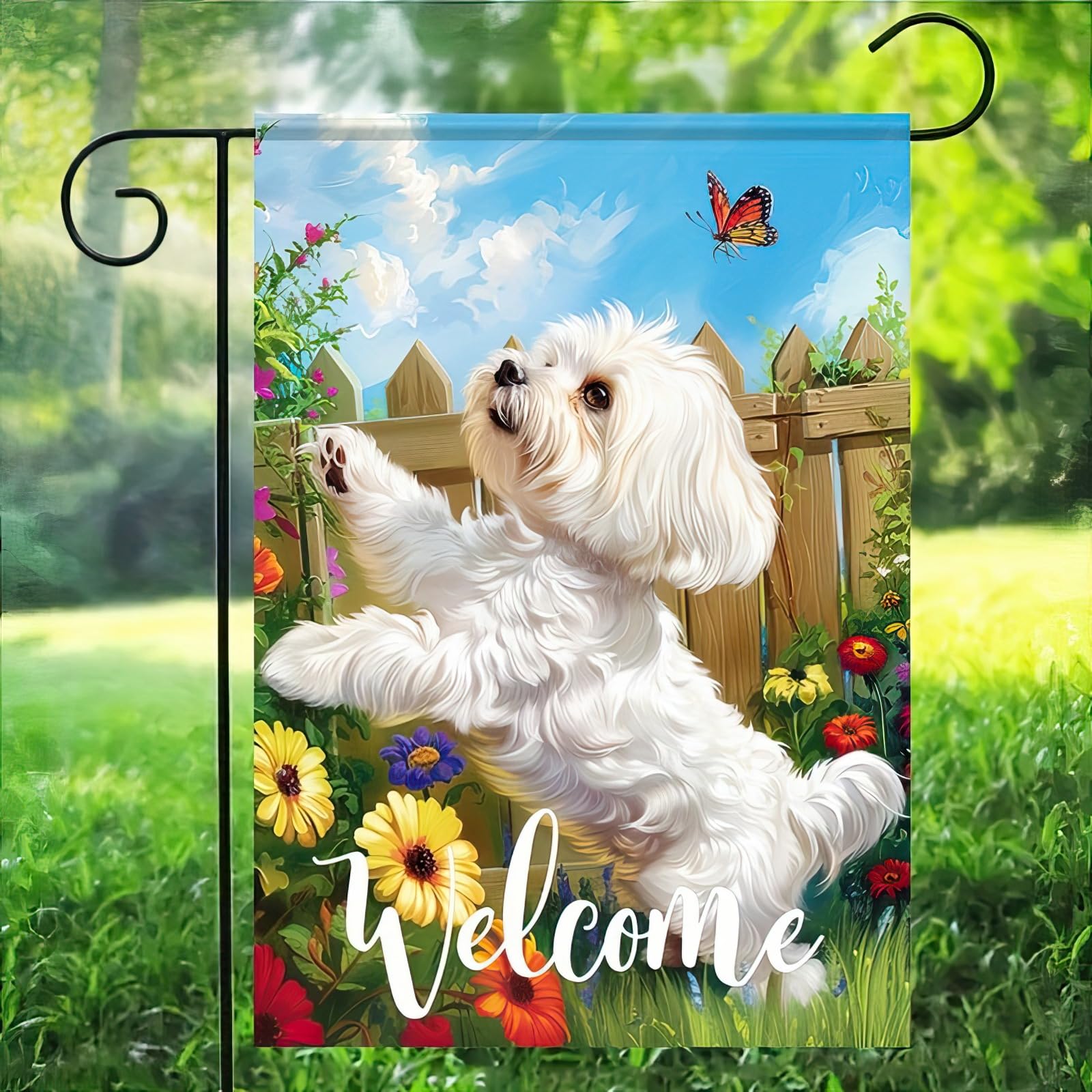 HOMETITUTE Double-sided Maltese dog flag for visibility from both directions.